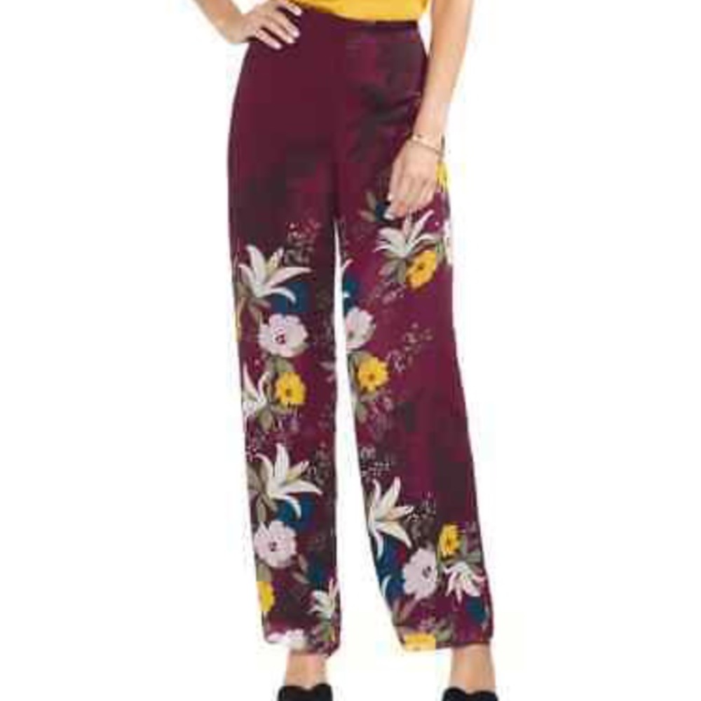 VINCE CAMUTO RED FLORAL HIGH-RISE WIDE-LEG PANTS
